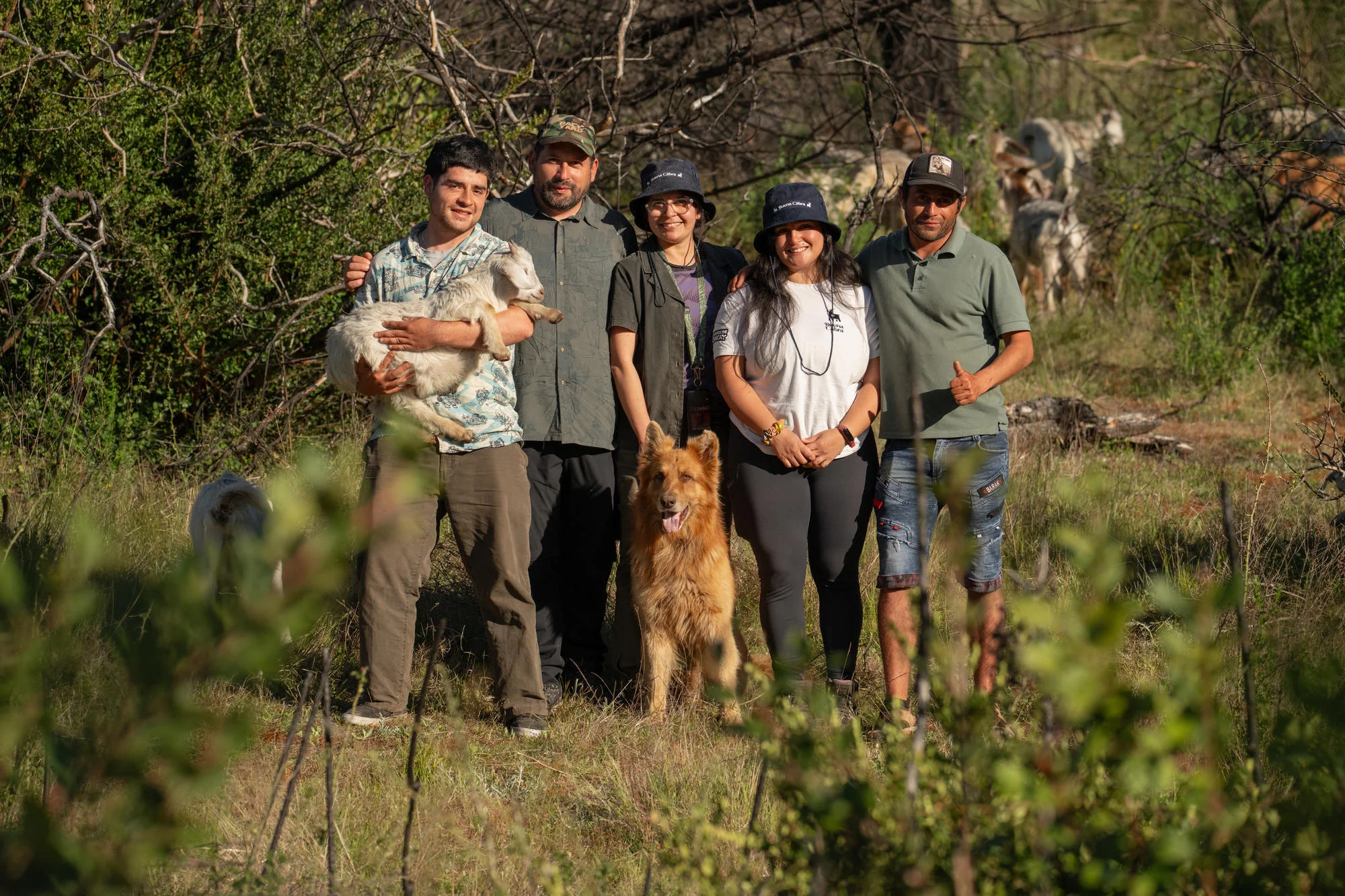 Equipo de Buena Cabra junto a un cabrito, un perro pastor y el rebaño, en terreno con vegetación nativa